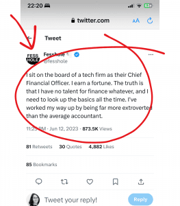 A screenshot from Fesshole on Twitter with a red circle around the text to highlight how cheeky it is. The text reads: I sit on the board of a tech firm as their Chief Financial Officer. I earn a fortune. The truth is that I have no talent for finance whatever, and I need to look up the basics all the time. I've worked my way up by being far more extroverted than the average accountant.